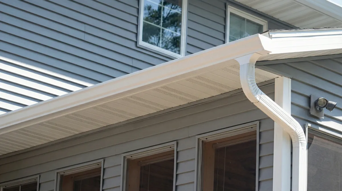 Professional home remodeling project showing newly installed white seamless gutters and downspouts on a house with gray siding in Boise, ID