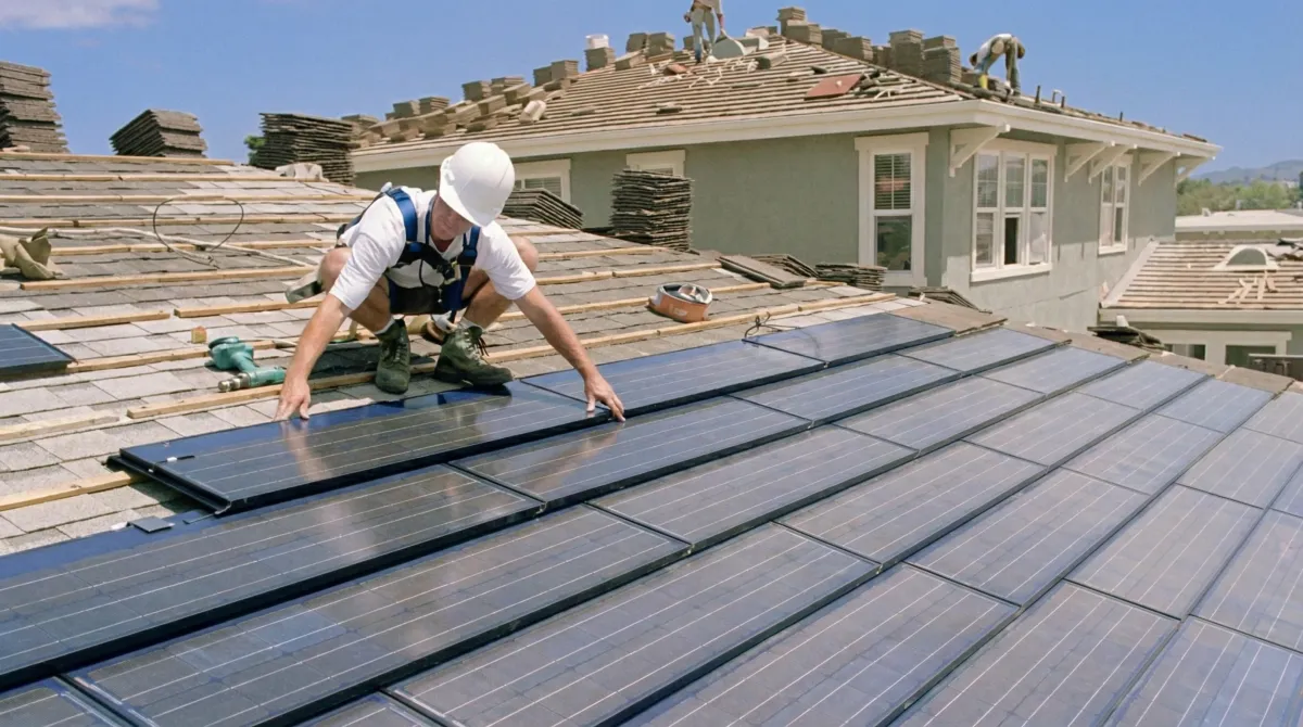 Roof replacement expert installing modern solar shingles on a residential home in Boise, ID