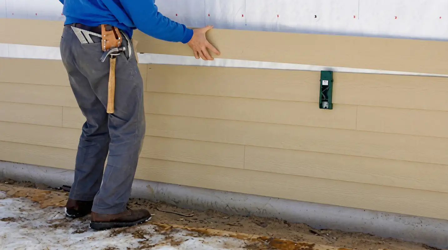 Siding replacement expert carefully aligning a new tan siding panel onto a residential exterior wall in Boise, ID