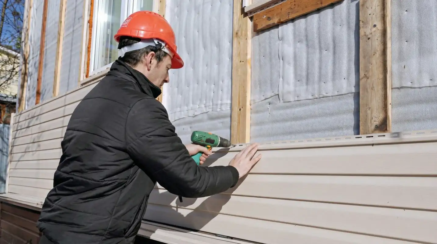 Siding replacement professional using a power drill to install new tan vinyl siding on a home exterior in Boise, ID