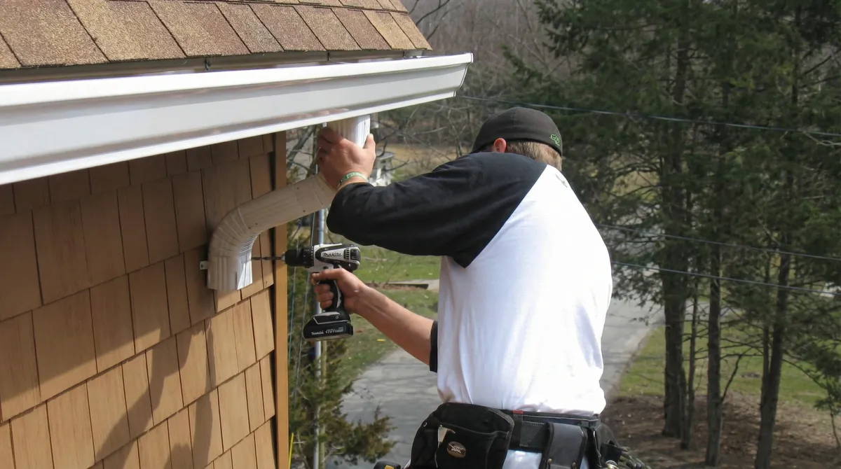 Professional contractor installing tan vinyl siding panels on a residential home exterior in Boise, ID