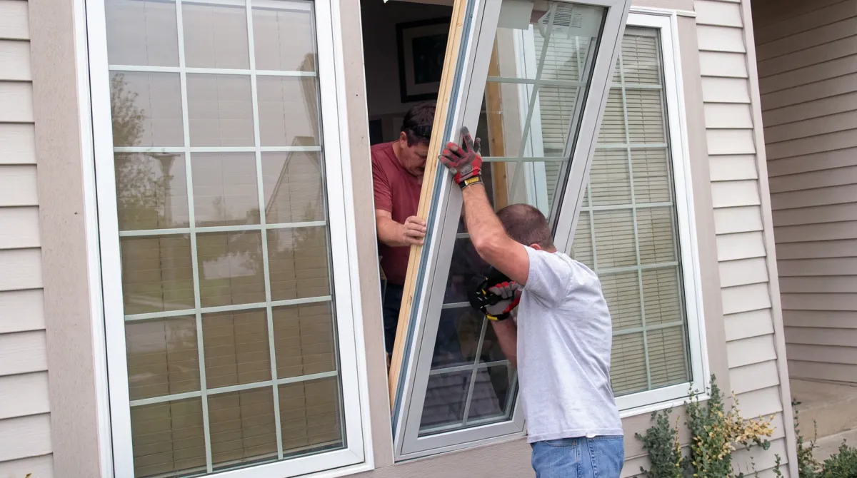 Professional home remodeling team installing a large replacement window on a house with tan siding in Boise, ID